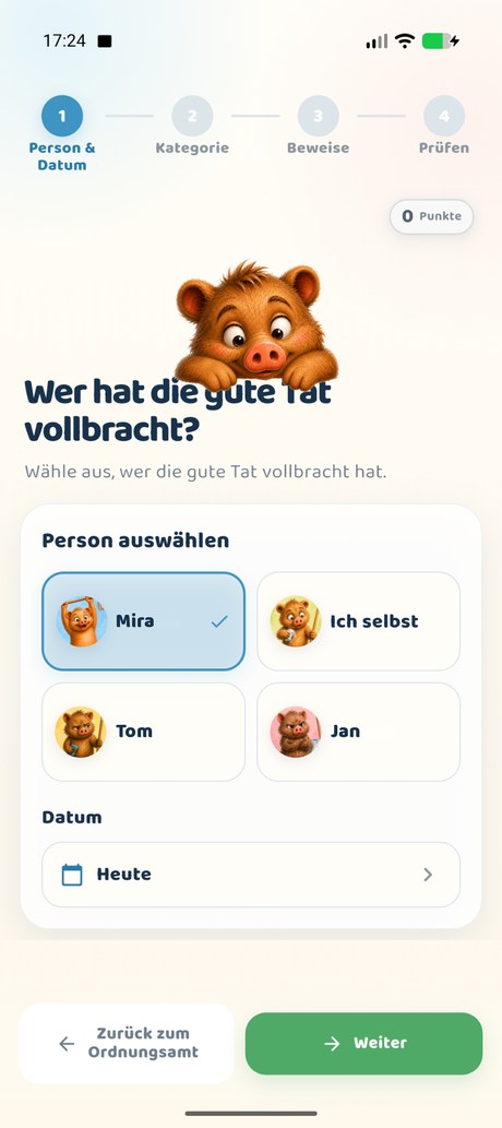Gute Tat melden: Person und Datum auswählen